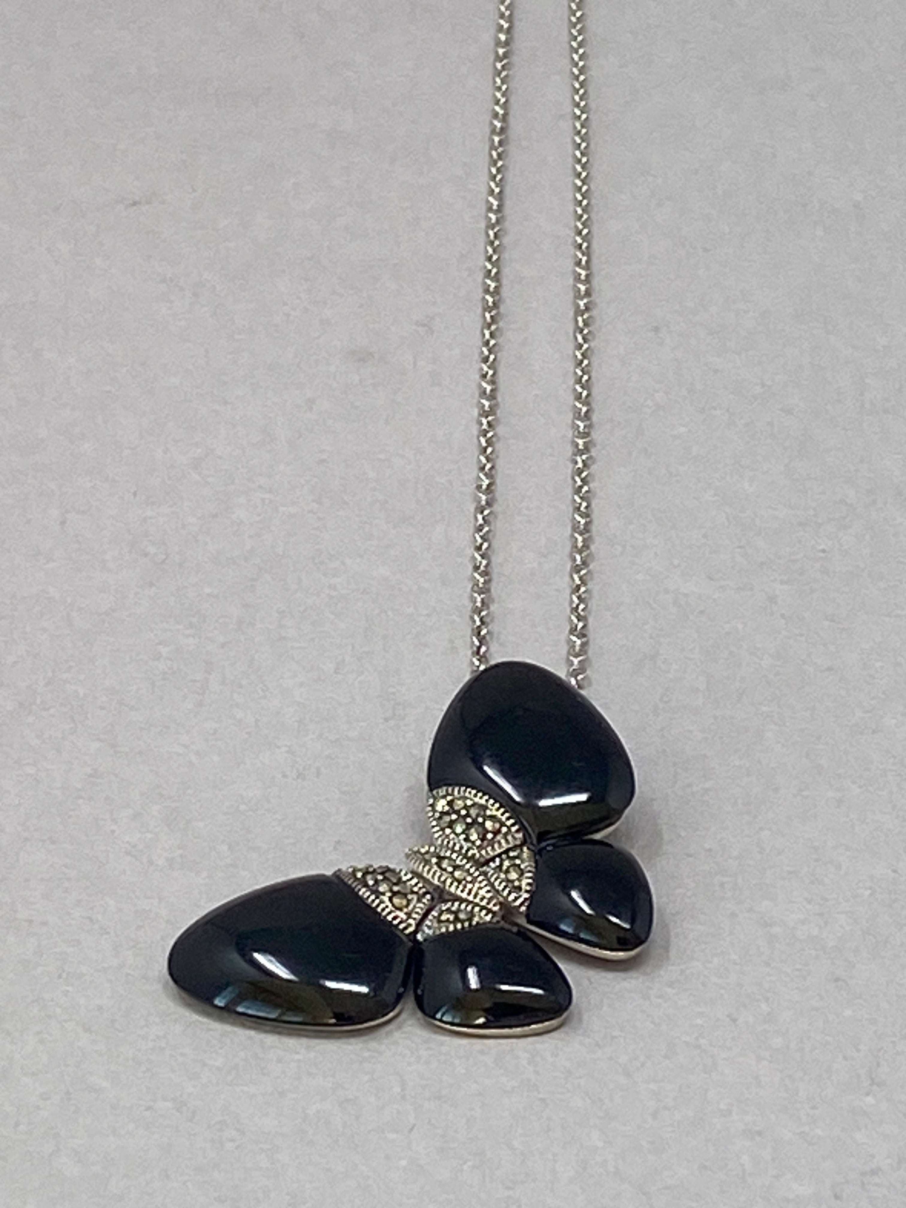 Silver, Black Onyx and Marcasite Butterfly Necklace