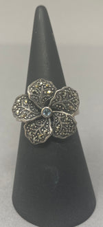 Load image into Gallery viewer, Silver and Marcasite Ring with Blue Topaz stone
