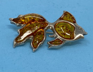 Amber and Silver Goldfish Brooch