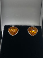 Load image into Gallery viewer, Amber and Silver Heart Shaped Stud Earrings
