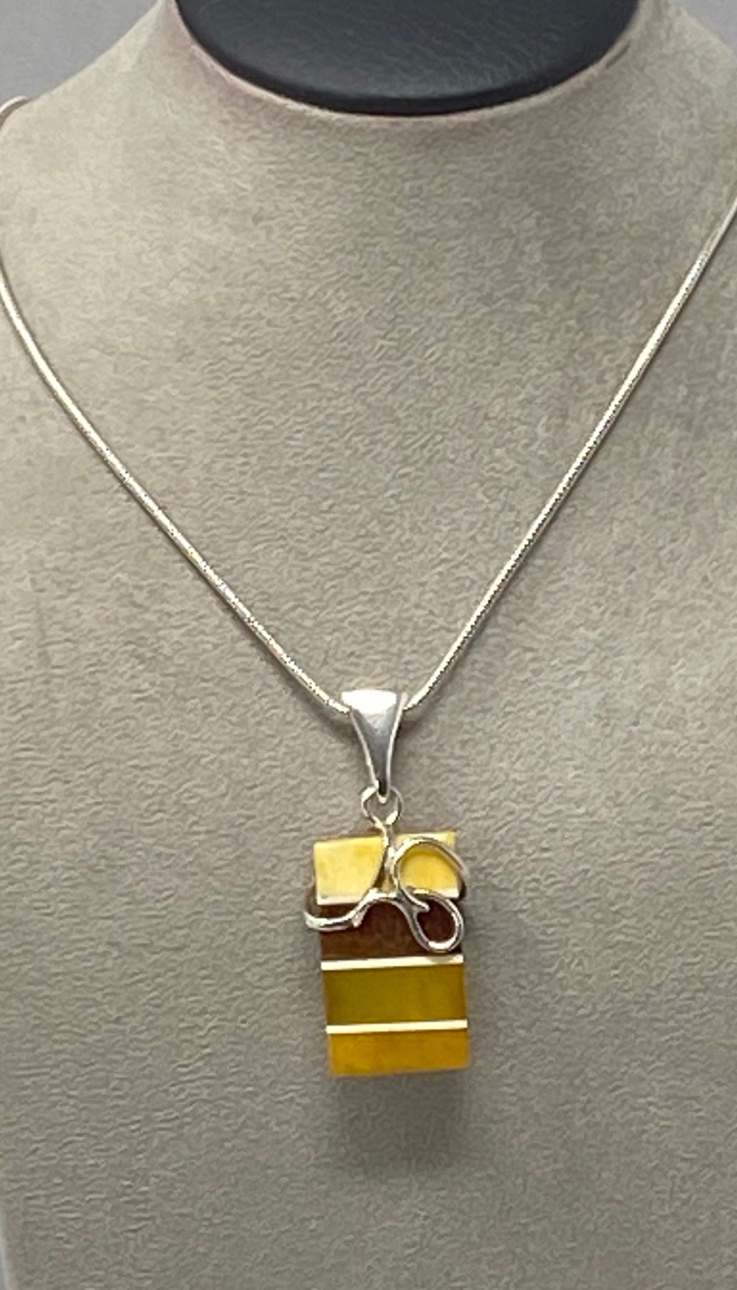 Silver and Multi Colour Amber Pendant on Snake Chain