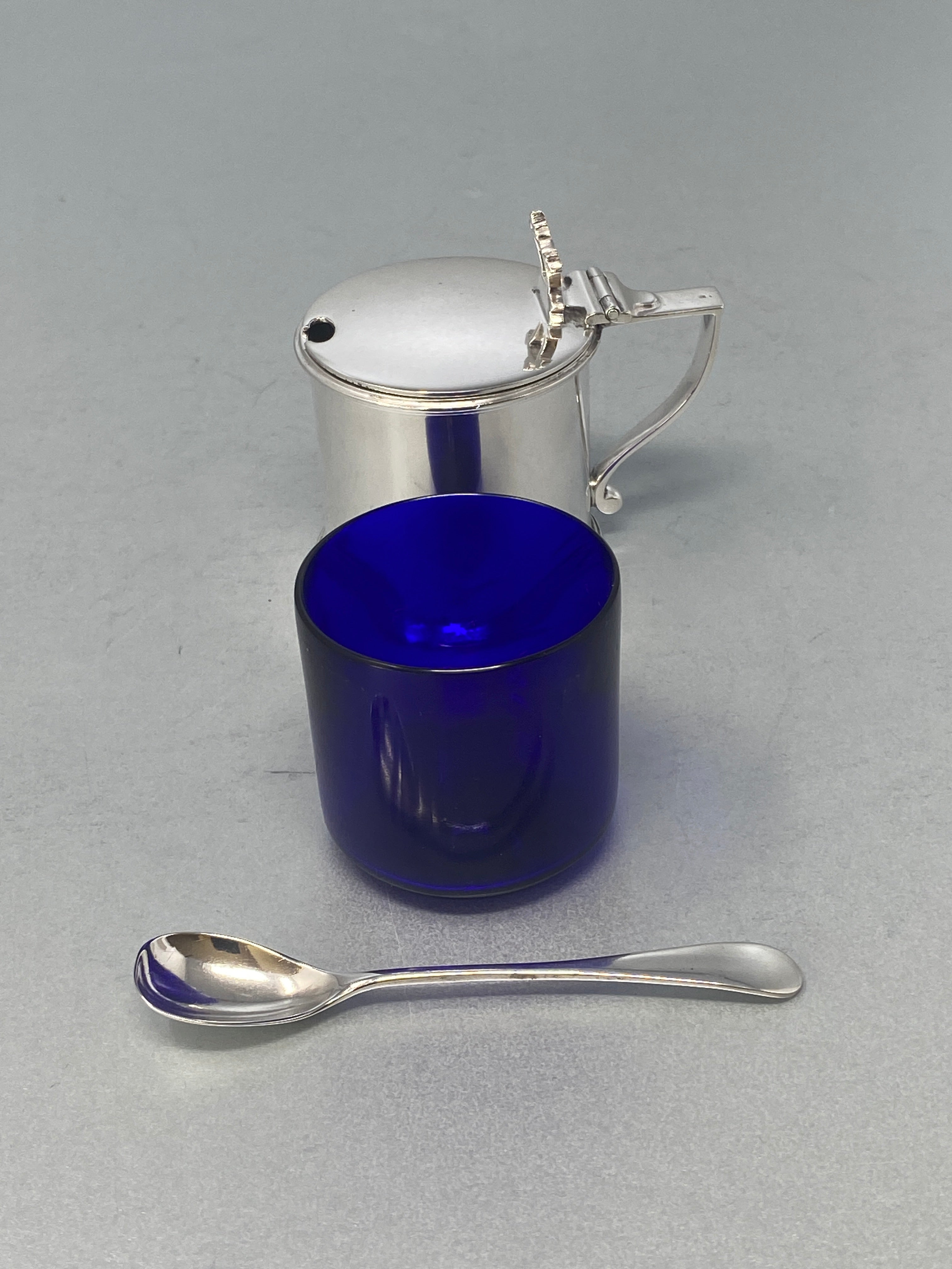 Antique Silver Plated Mustard Pot and Spoon with Bristol Blue Glass Liner