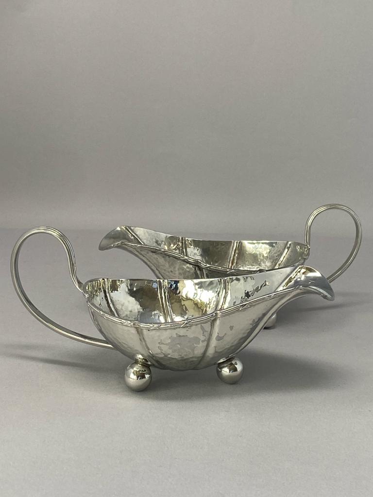 Pair of Arts & Crafts Style Large Antique Silver Plated Sauce Boats