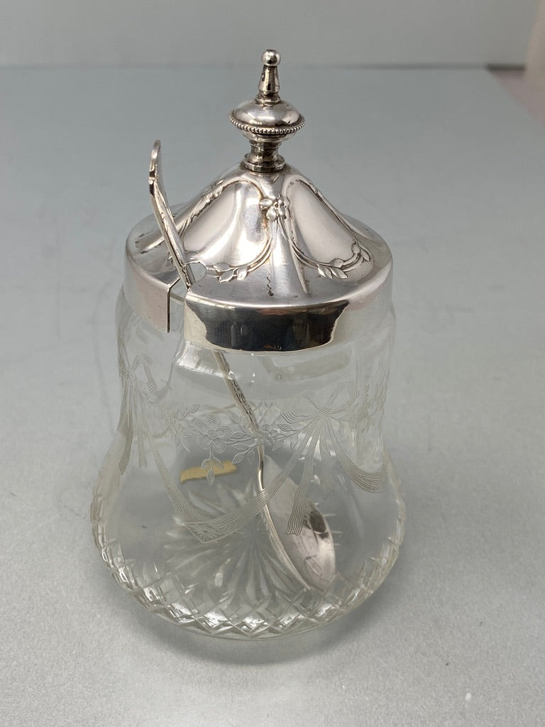 Antique Victorian Silver Plate and Etched Glass Preserve Pot & Spoon