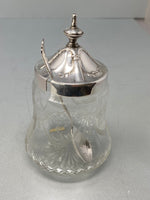 Load image into Gallery viewer, Antique Victorian Silver Plate and Etched Glass Preserve Pot &amp; Spoon

