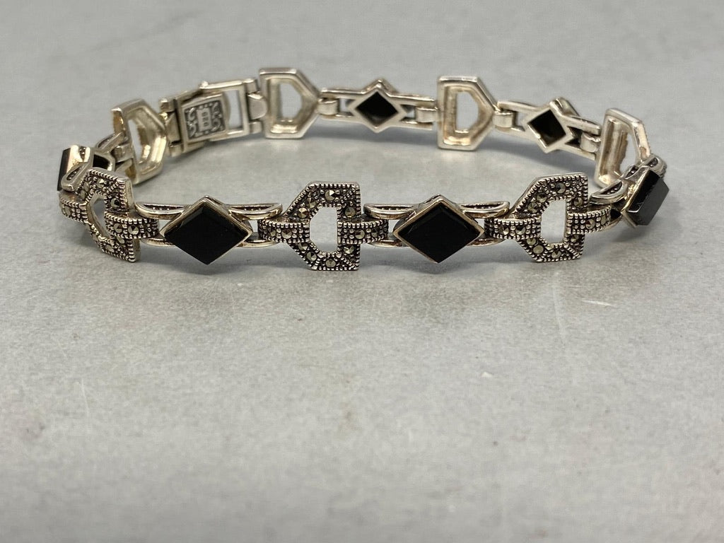 Sterling Silver, Black Onyx & Marcasite Bracelet