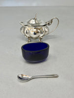 Load image into Gallery viewer, Antique Sterling Silver Mustard Pot with Bristol Blue Glass Liner and Spoon - melon shape
