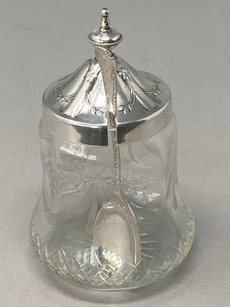 Antique Victorian Silver Plate and Etched Glass Preserve Pot & Spoon