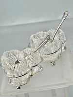 Load image into Gallery viewer, A pair of very unusual clover shaped Silver Plated &amp; Cut Glass Salts with spoons - Circa 1875
