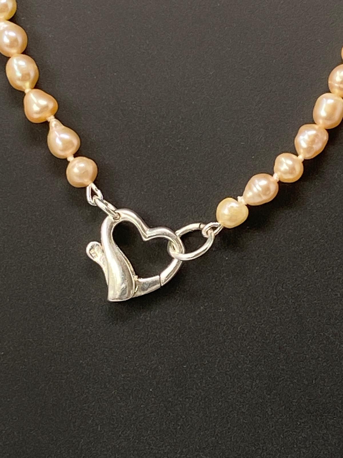Pink Pearl Necklace with a Silver Heart Clasp