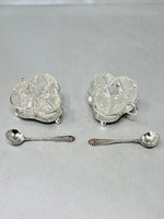 Load image into Gallery viewer, A pair of very unusual clover shaped Silver Plated &amp; Cut Glass Salts with spoons - Circa 1875
