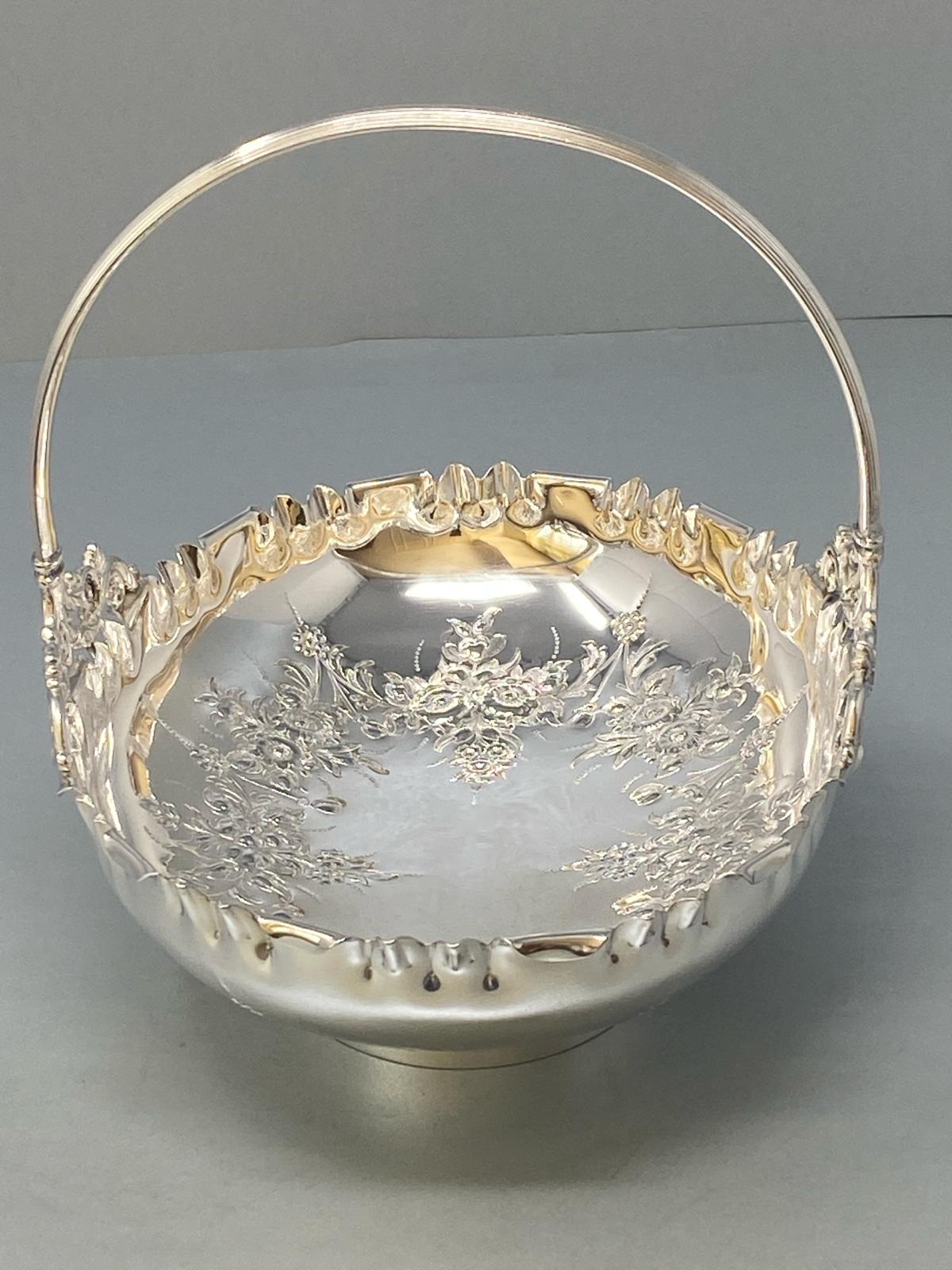 Victorian Silver Plated Hand Chased Basket with Handle