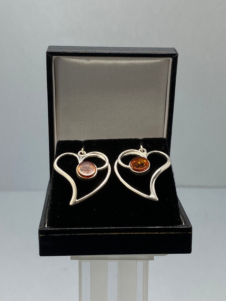 Sterling Silver and Amber Heart Shaped Earrings