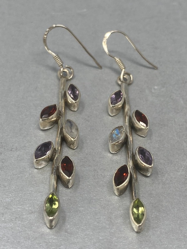 Sterling Silver Earrings with Amethyst, Garnet, Moonstone & Peridor