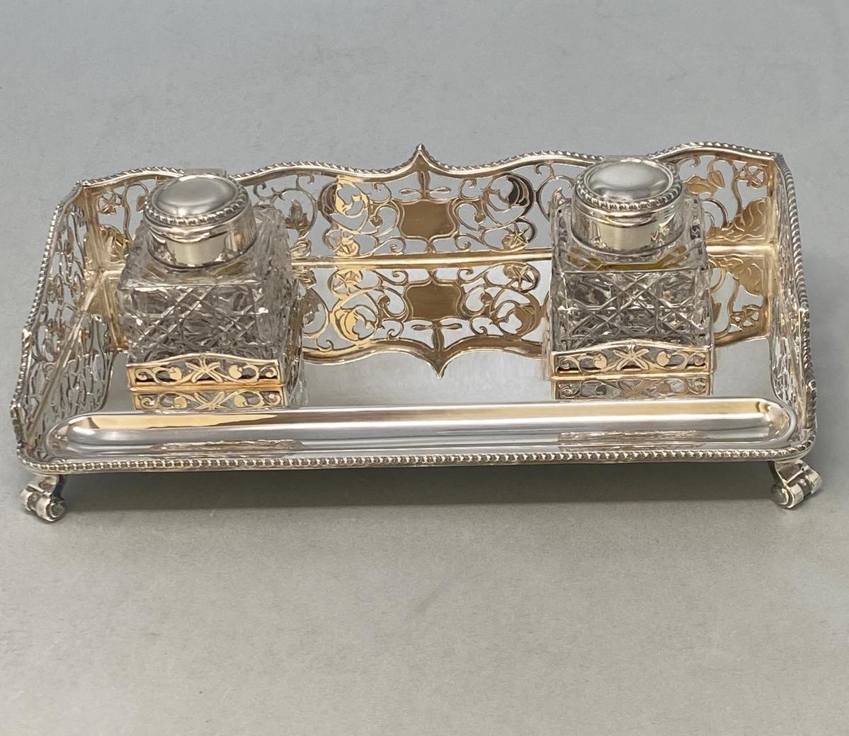 Silver Plated Two Bottle Gallery Inkstand