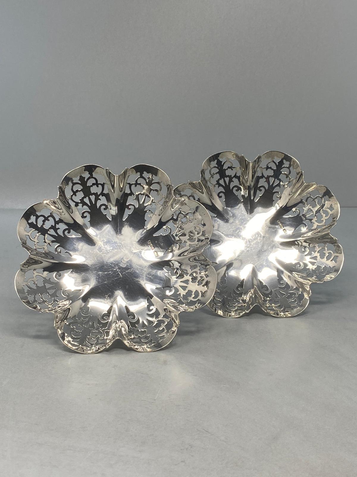 Pair of Antique Sterling Silver Shaped Dishes with Pierced Decoration made by E Viners