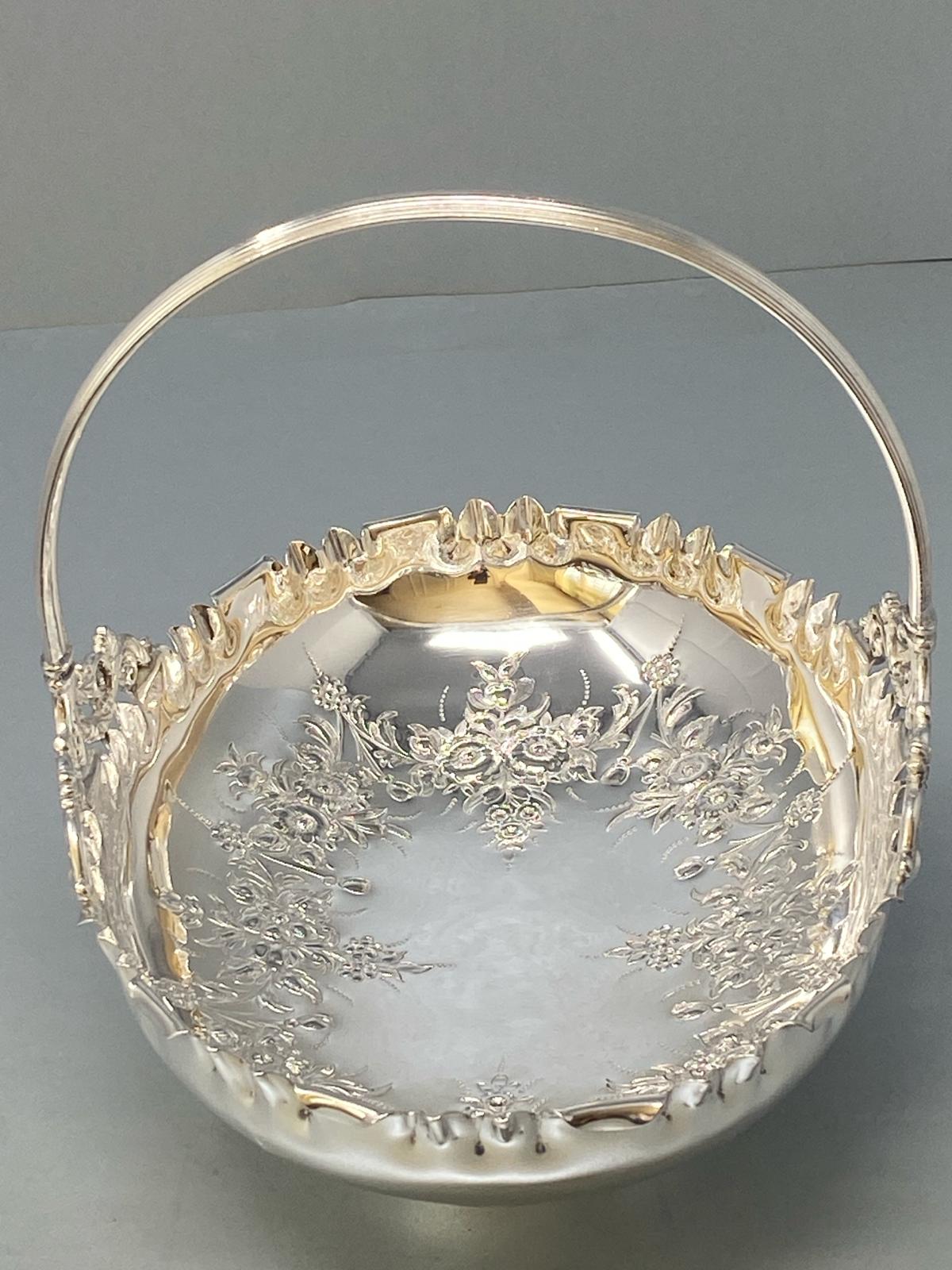 Victorian Silver Plated Hand Chased Basket with Handle