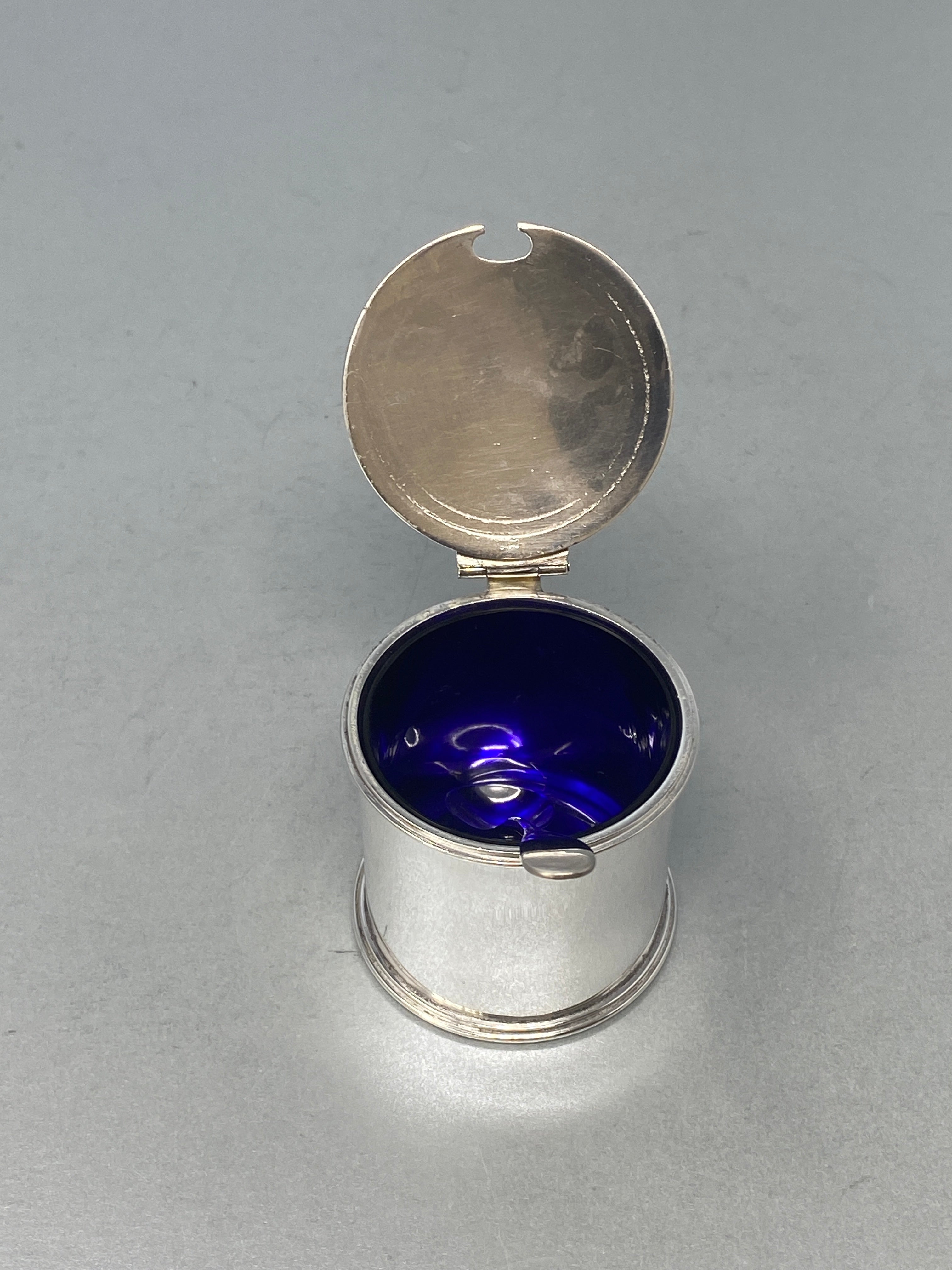 Antique Silver Plated Mustard Pot and Spoon with Bristol Blue Glass Liner