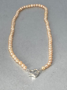 Pink Pearl Necklace with a Silver Heart Clasp