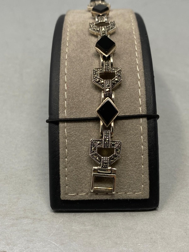 Sterling Silver, Black Onyx & Marcasite Bracelet