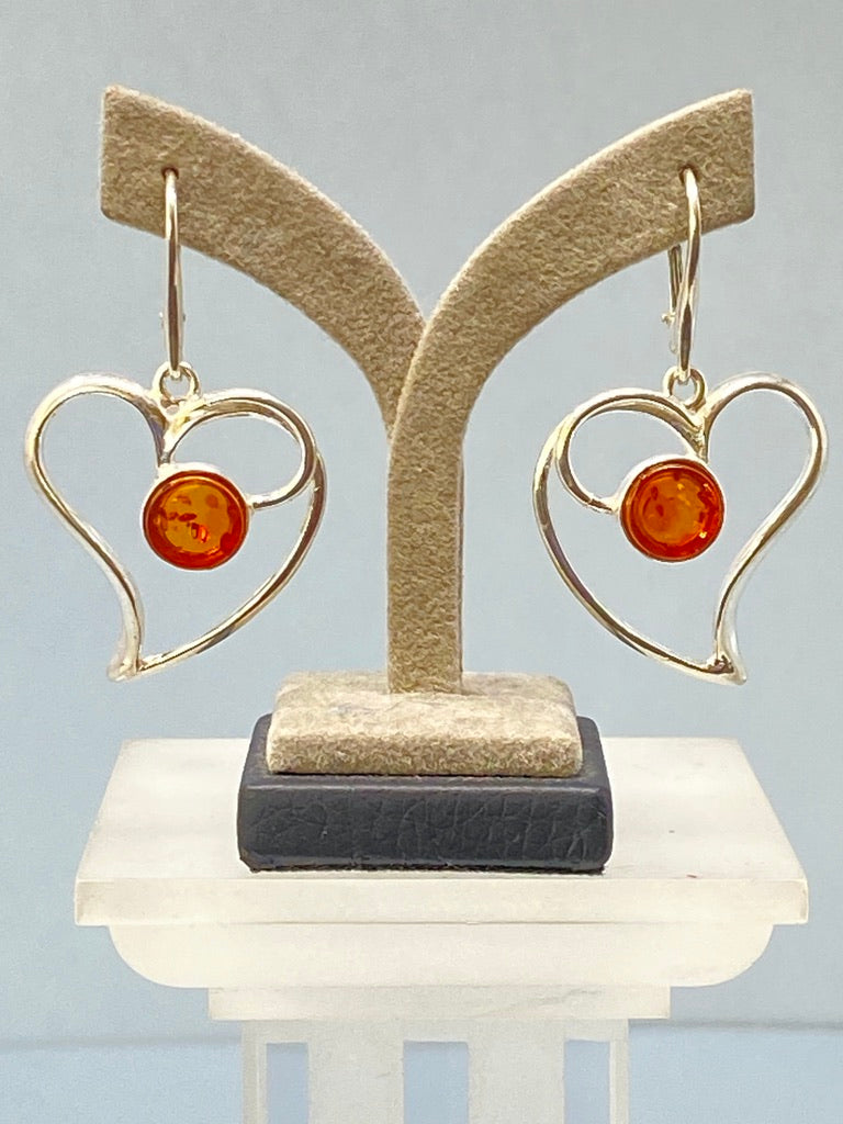 Sterling Silver and Amber Heart Shaped Earrings