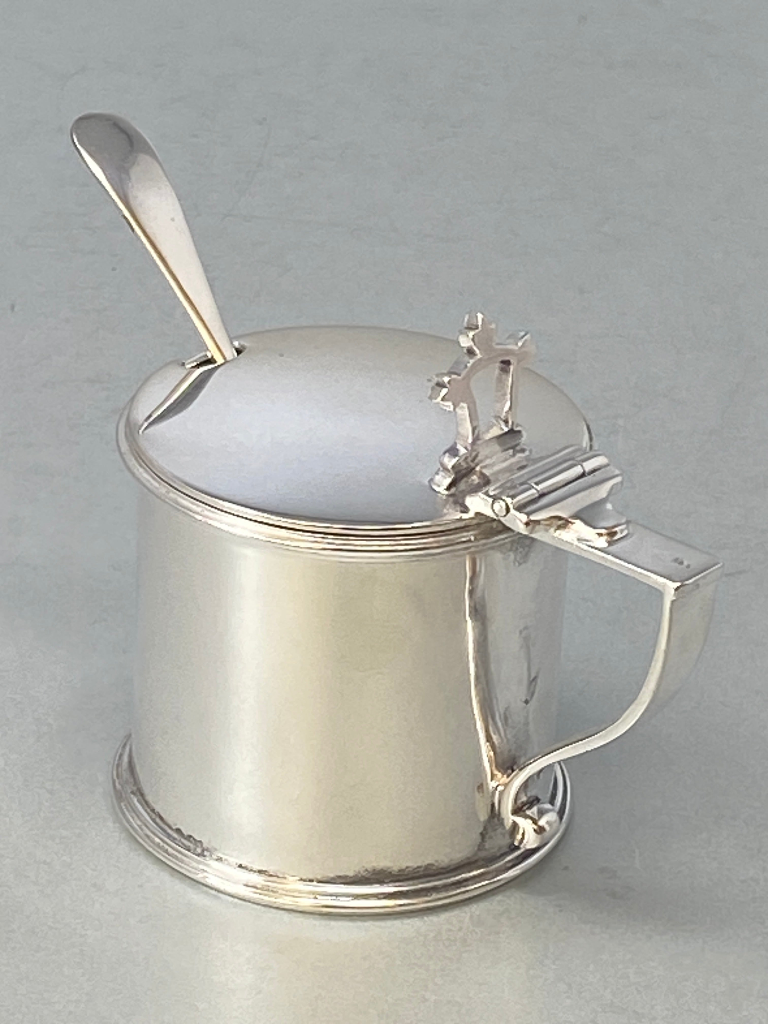 Antique Silver Plated Mustard Pot and Spoon with Bristol Blue Glass Liner