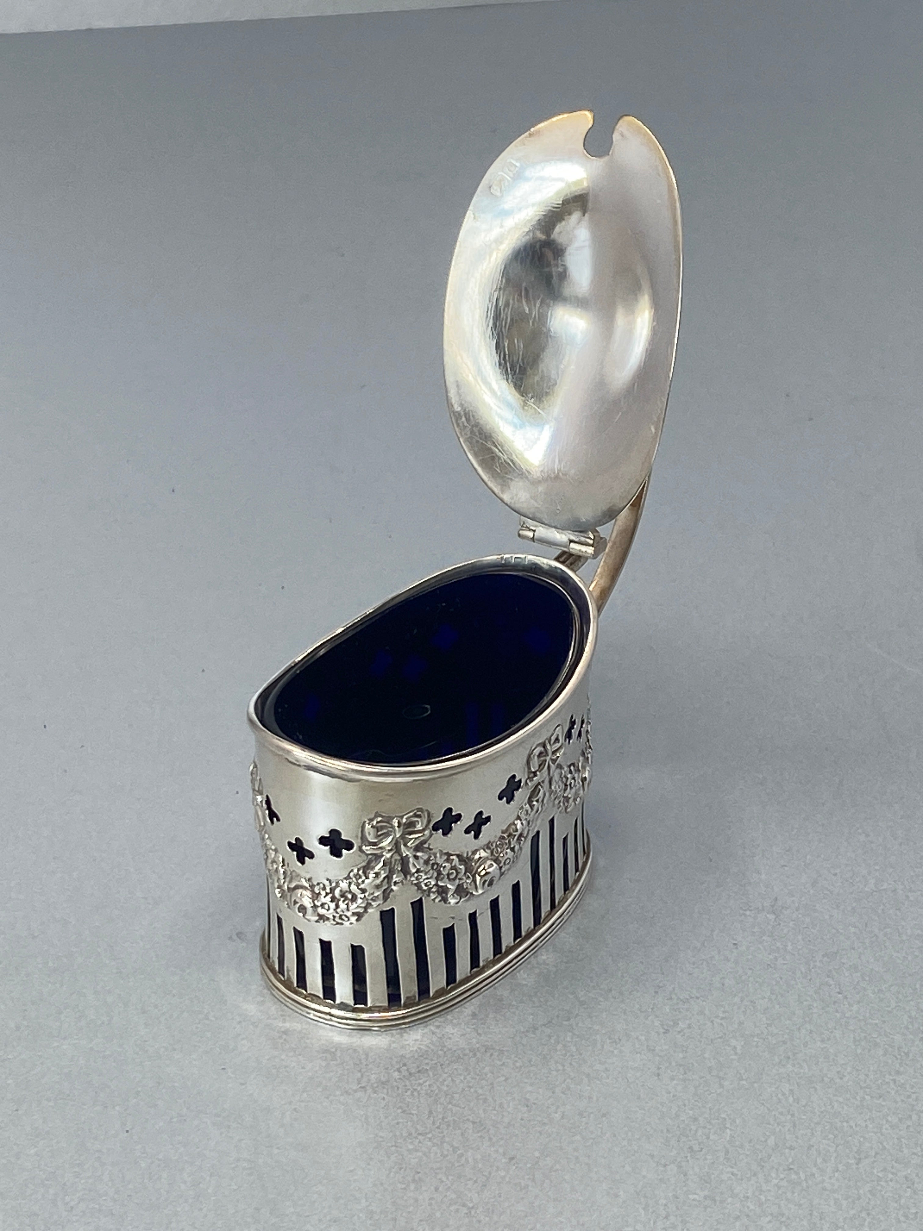Antique Silver Mustard Pot with Bristol Blue Glass Liner