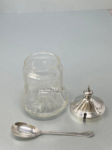 Antique Victorian Silver Plate and Etched Glass Preserve Pot & Spoon