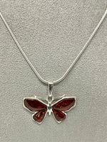 Load image into Gallery viewer, Silver and Amber Butterfly on Snake Chain
