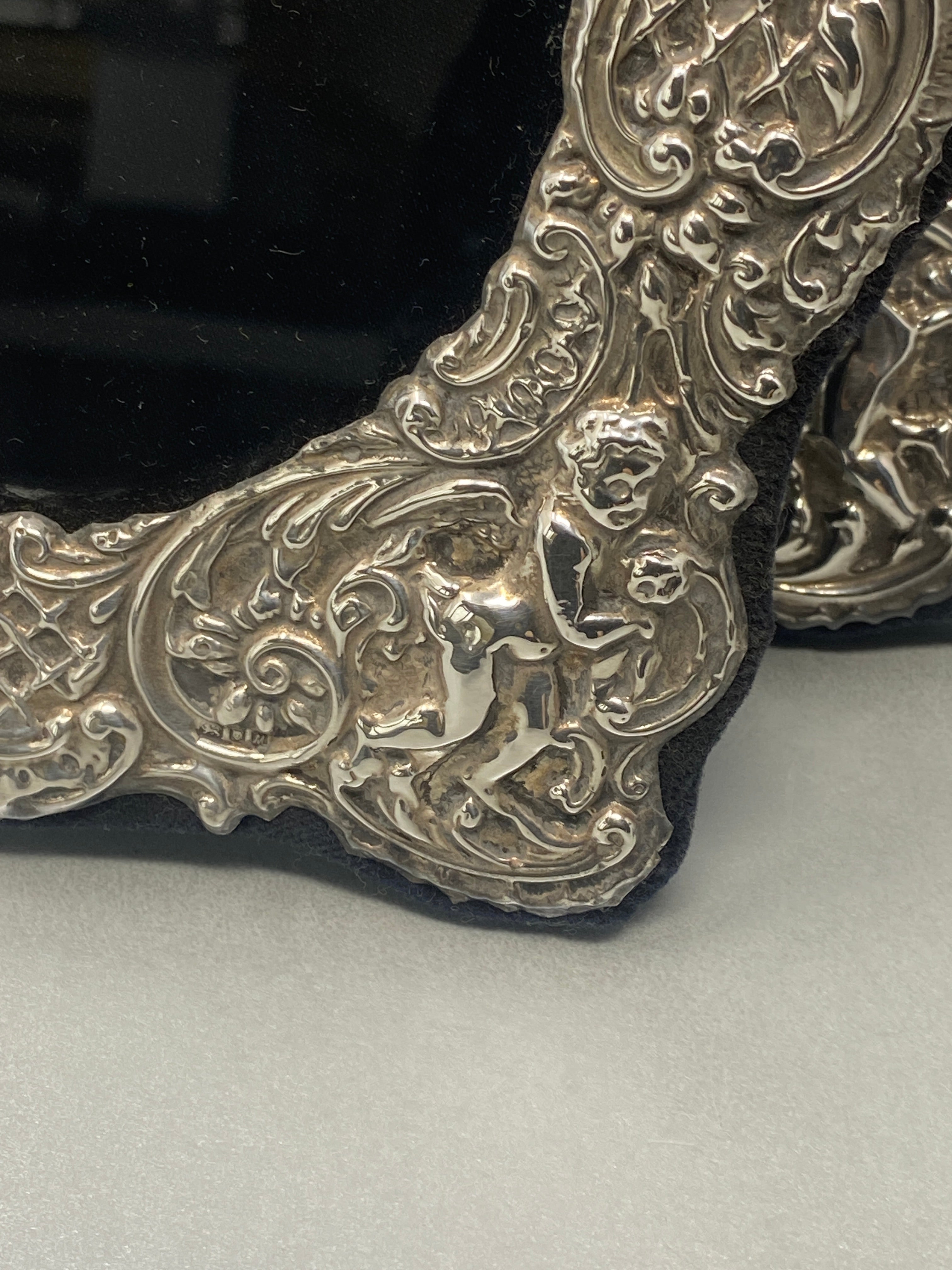Pair of Sterling Silver Cherub Photo Frames with velvet backs