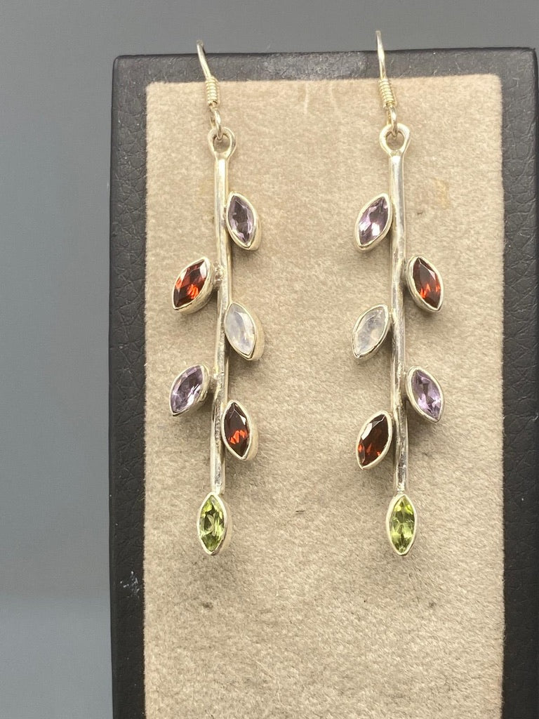 Sterling Silver Earrings with Amethyst, Garnet, Moonstone & Peridor