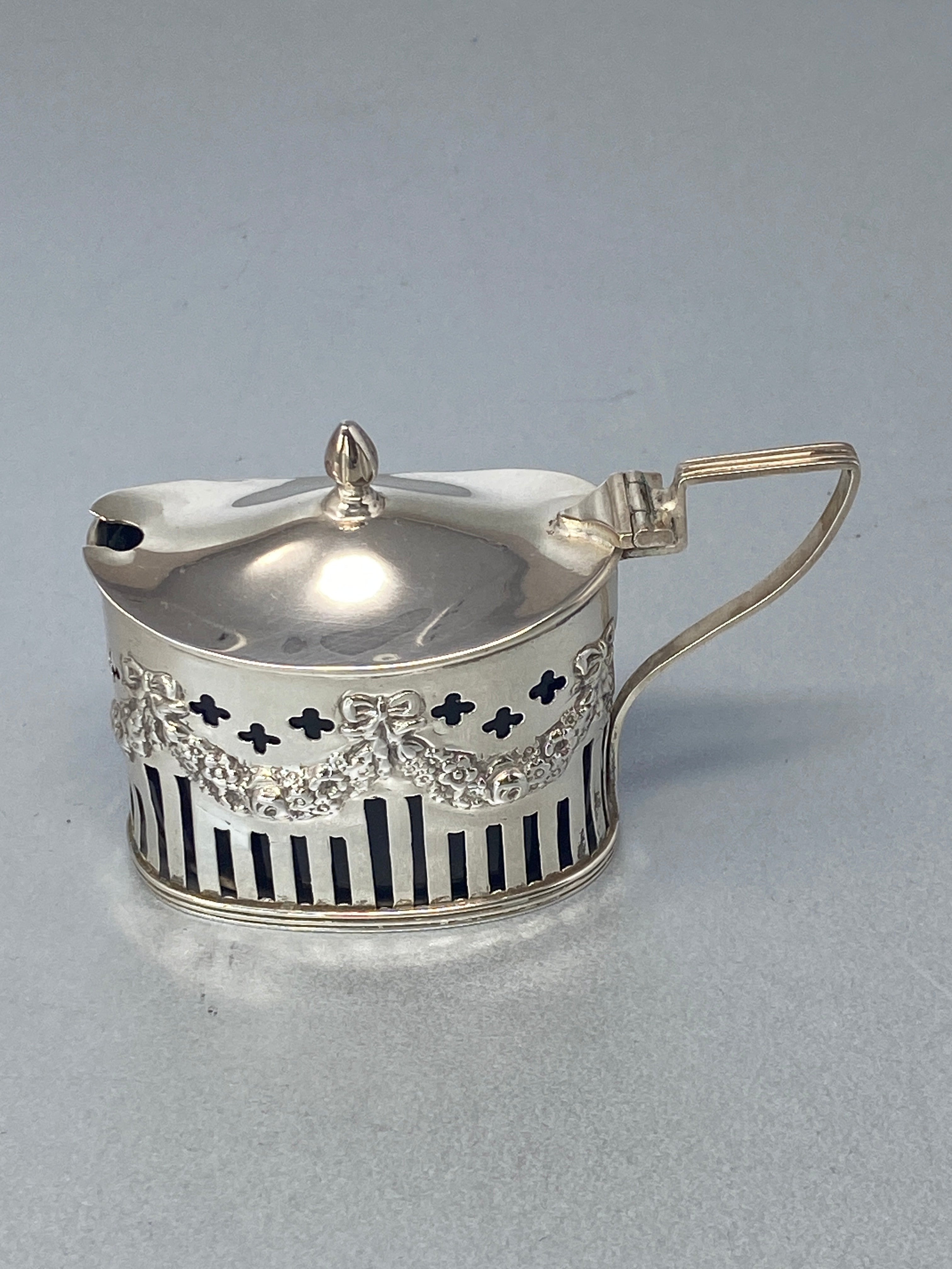 Antique Silver Mustard Pot with Bristol Blue Glass Liner