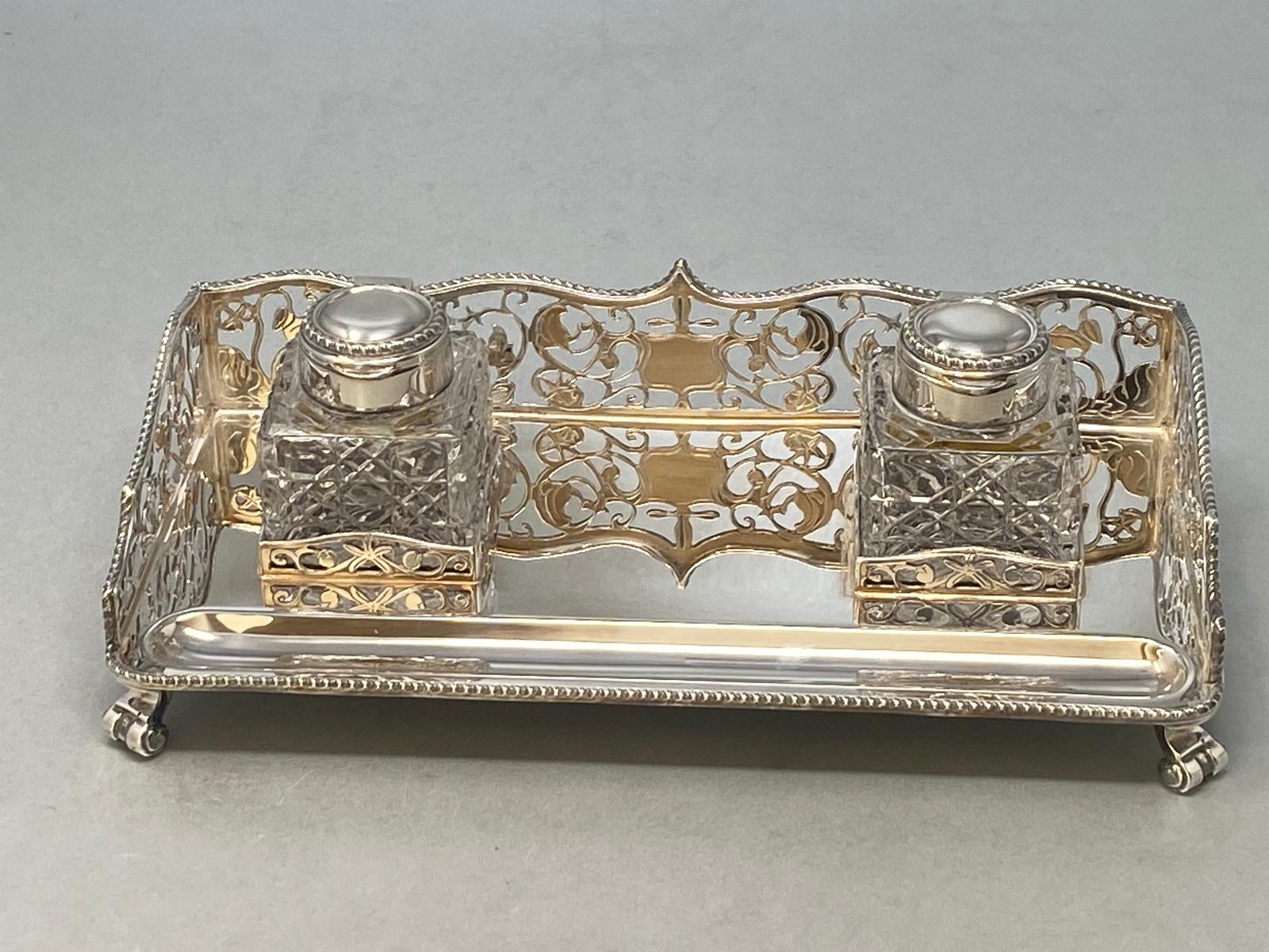 Silver Plated Two Bottle Gallery Inkstand