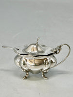 Load image into Gallery viewer, Antique Sterling Silver Mustard Pot with Bristol Blue Glass Liner and Spoon - melon shape
