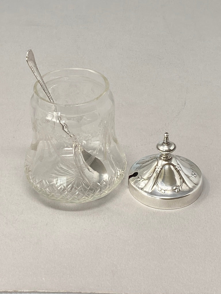 Antique Victorian Silver Plate and Etched Glass Preserve Pot & Spoon