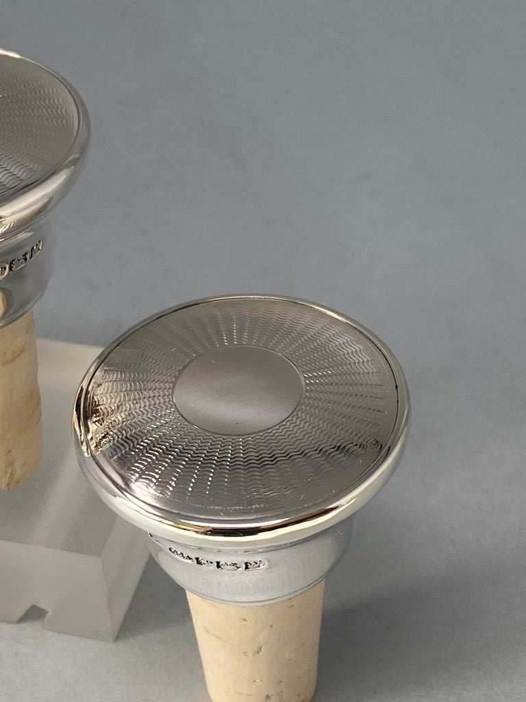 Pair of Sterling Silver Engine Turned Cork Bottle Stoppers