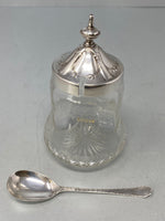 Load image into Gallery viewer, Antique Victorian Silver Plate and Etched Glass Preserve Pot &amp; Spoon
