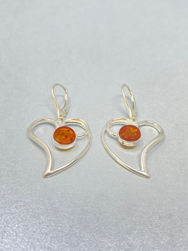 Sterling Silver and Amber Heart Shaped Earrings