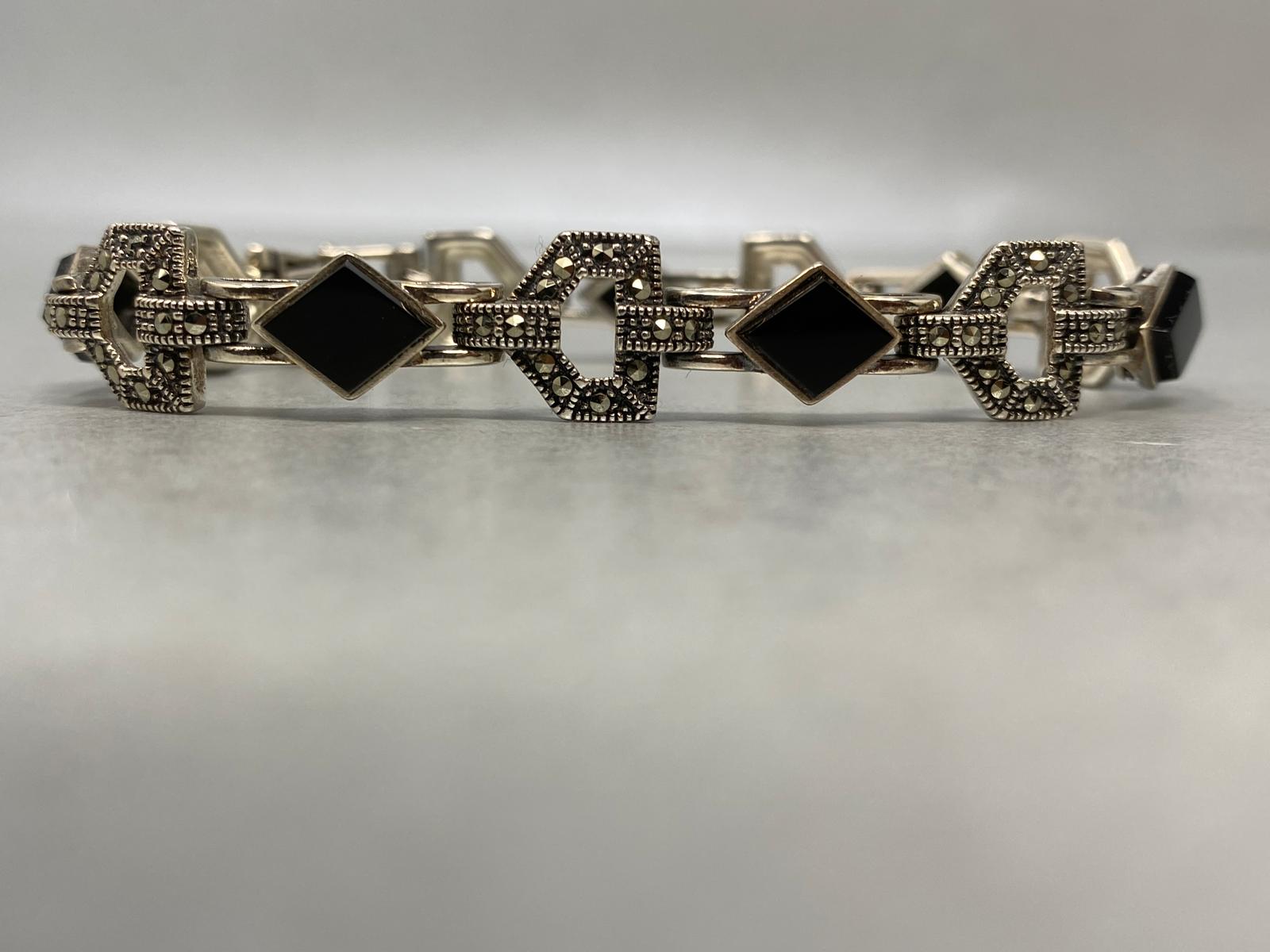 Sterling Silver, Black Onyx & Marcasite Bracelet