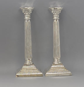 Pair of Antique Silver Plated Corinthian Column Candlesticks