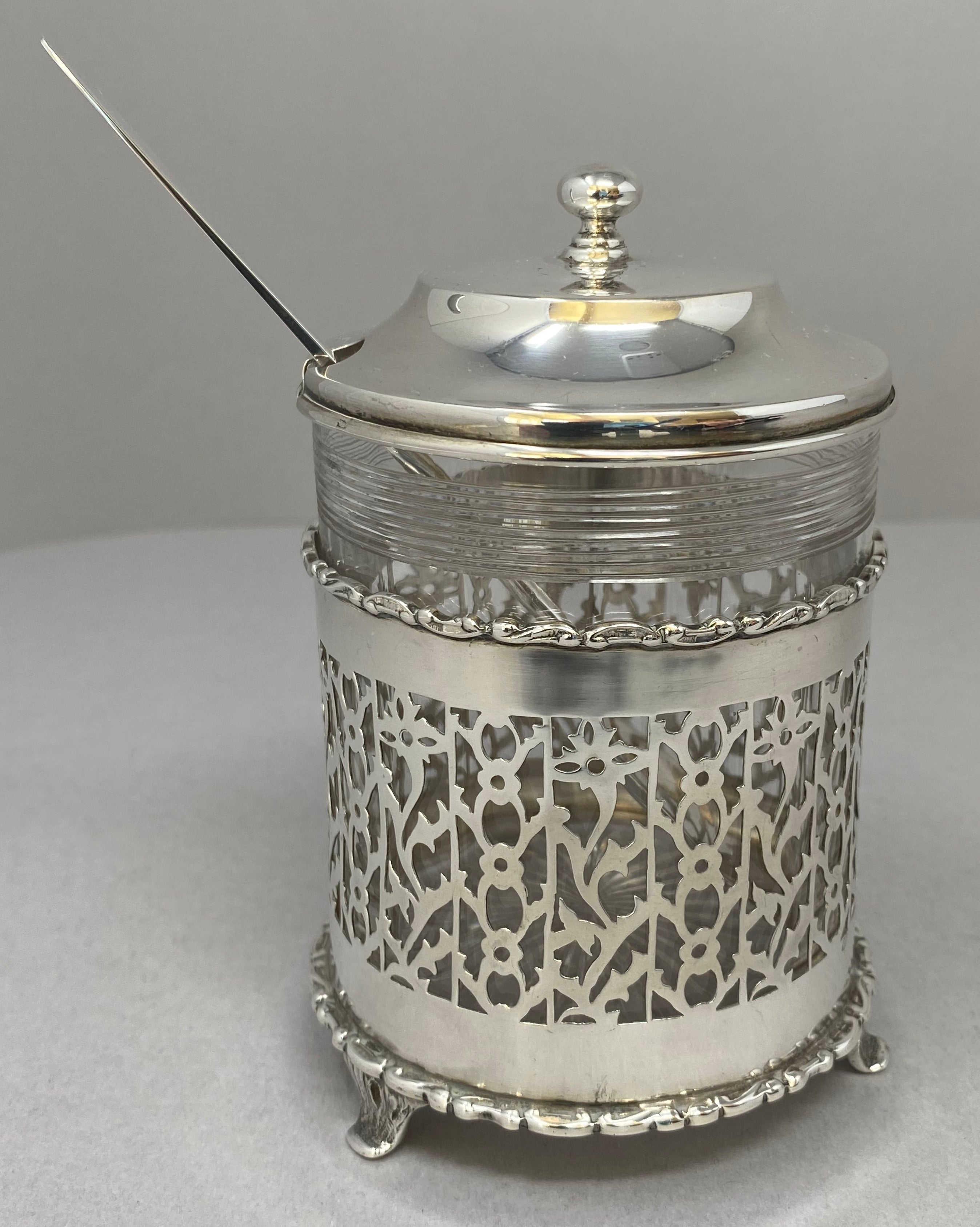 Antique Silver Preserve Jar with Spoon and Glass Liner
