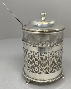 Antique Silver Preserve Jar with Spoon and Glass Liner