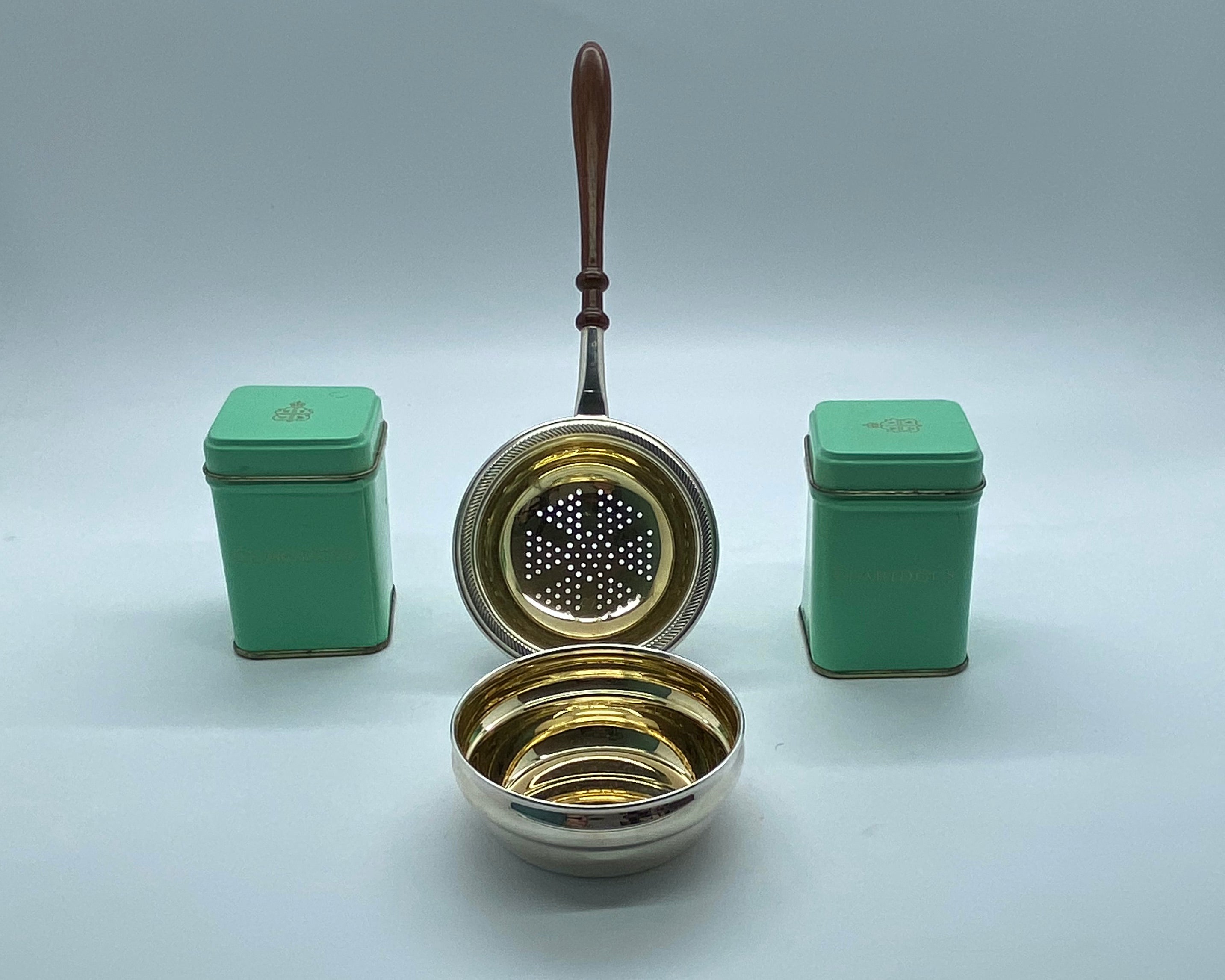 English Silver Tea Strainer and Drip Bowl