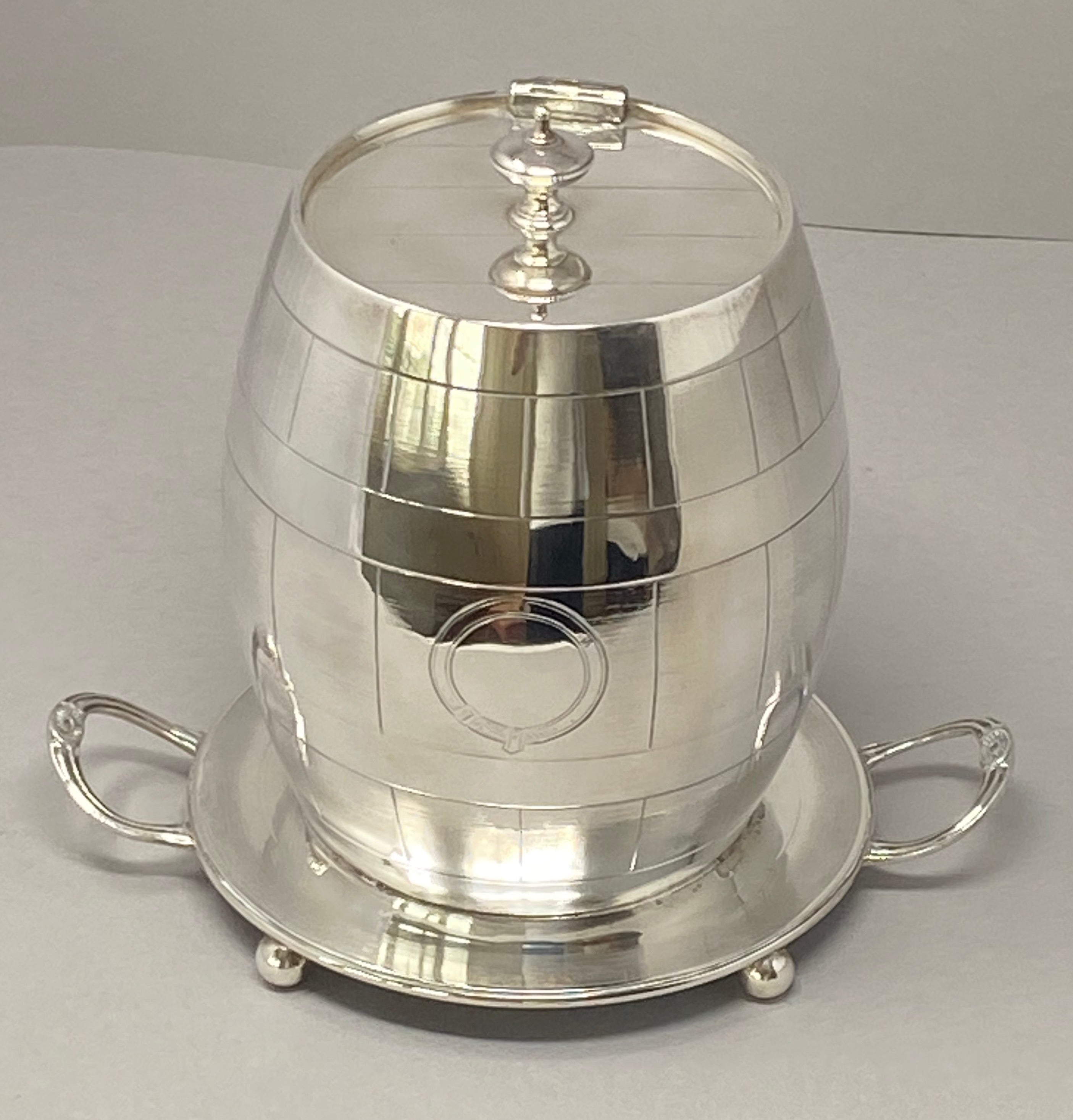 Antique Silver Plated Biscuit Box in shape of a Barrel