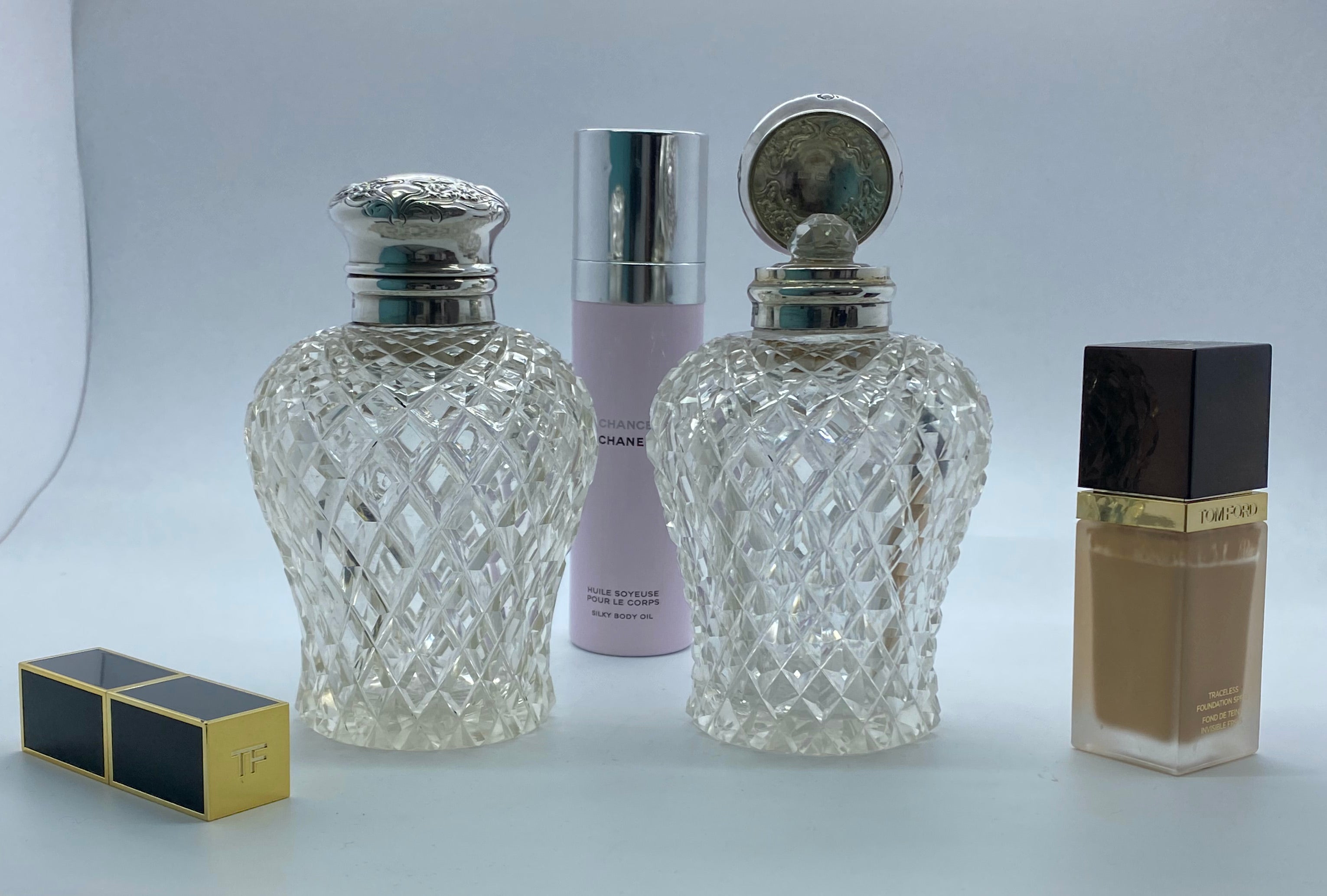 Pair of Antique Silver and Glass Perfume Bottles