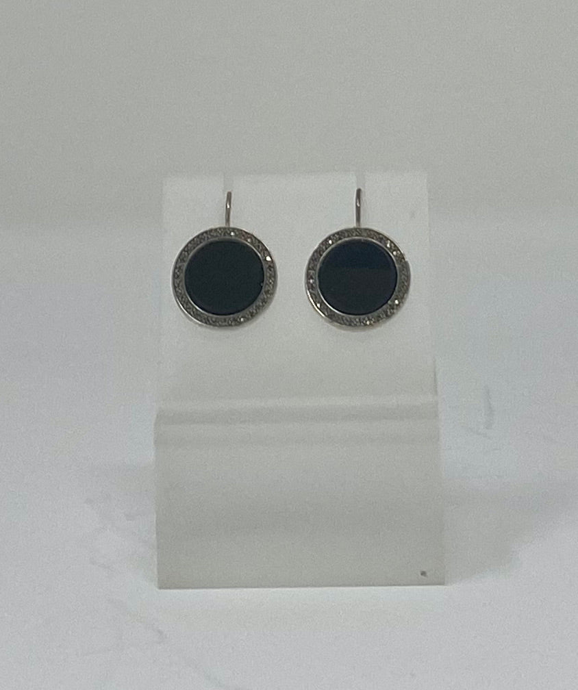 Round Black Onyx and Marcasite Earrings