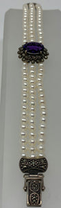 Three Row Pearl Bracelet with Amethyst Centre Stone