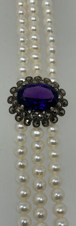 Load image into Gallery viewer, Three Row Pearl Bracelet with Amethyst Centre Stone
