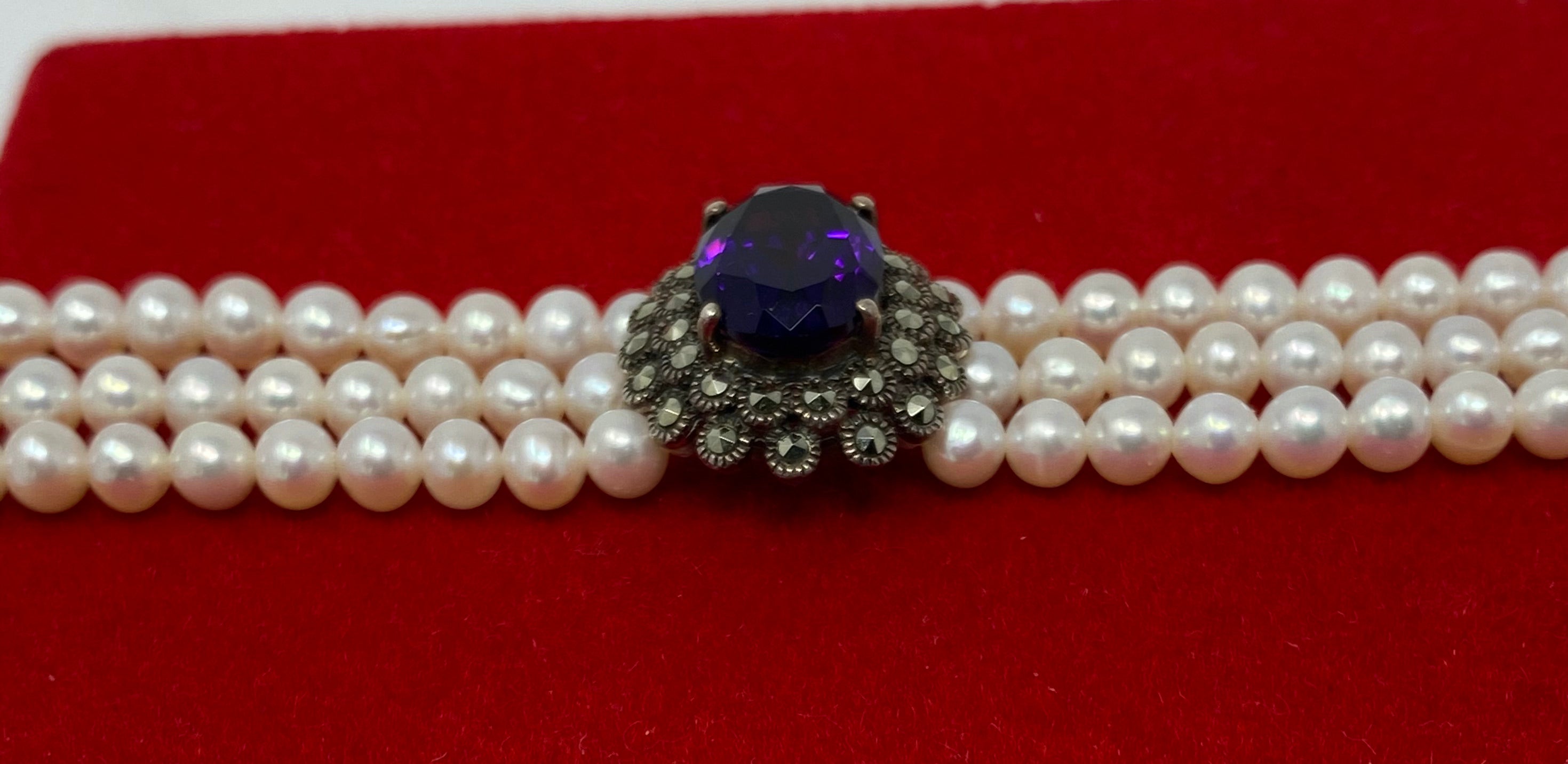 Three Row Pearl Bracelet with Amethyst Centre Stone