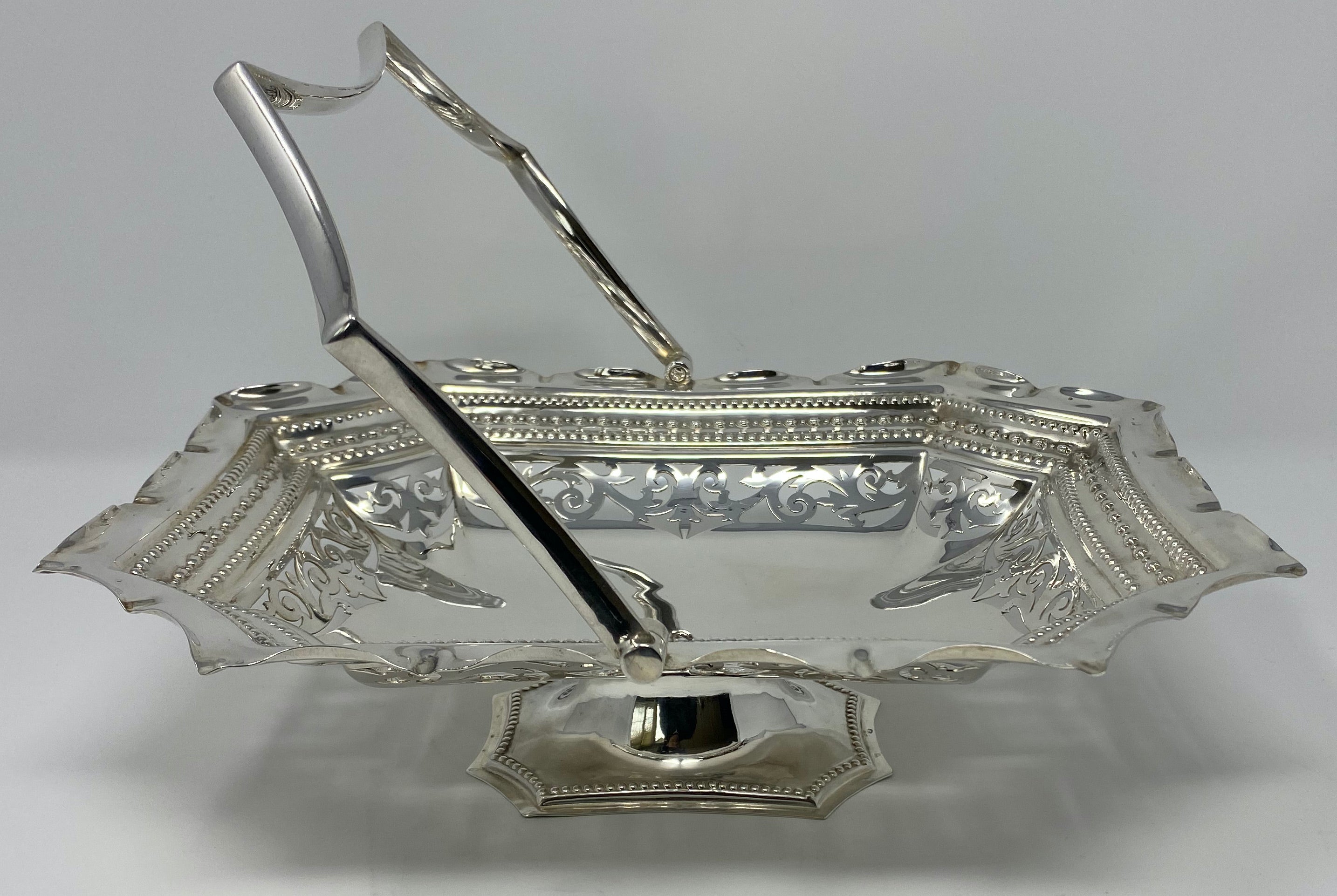 Antique Silver Plated Oblong Swing Handled Basket